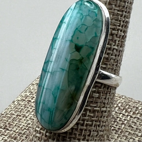 New Green Enhanced Botswana Dragon Vein Agate Stone Silver Overlay Ring Size 8.5 - Picture 4 of 10